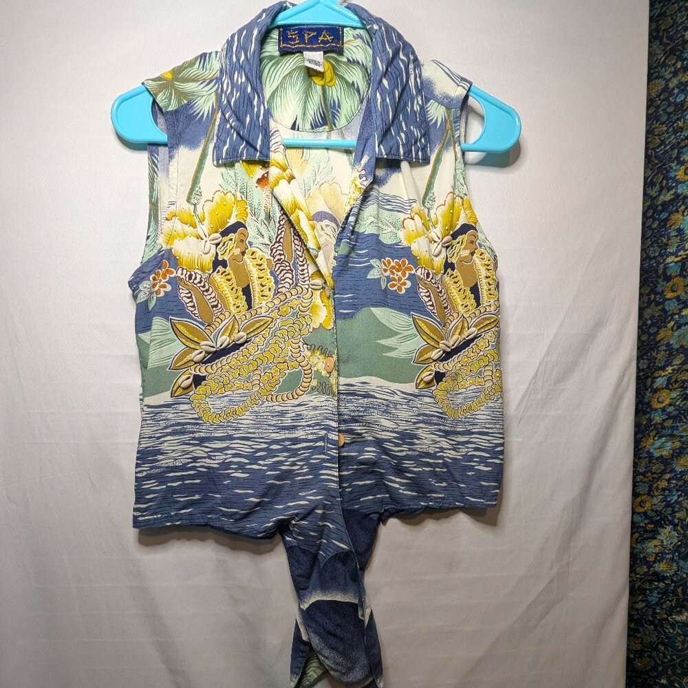 SPA Top Embellished Tropical Print Tie Waist Blouse Beach Vacation Cruise Boho